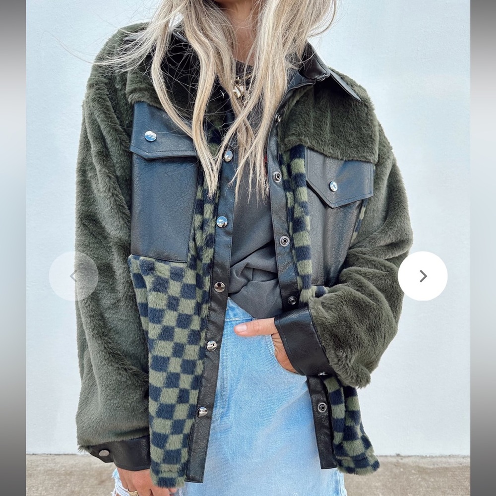 NWT Faux fur & leather checkered jacket